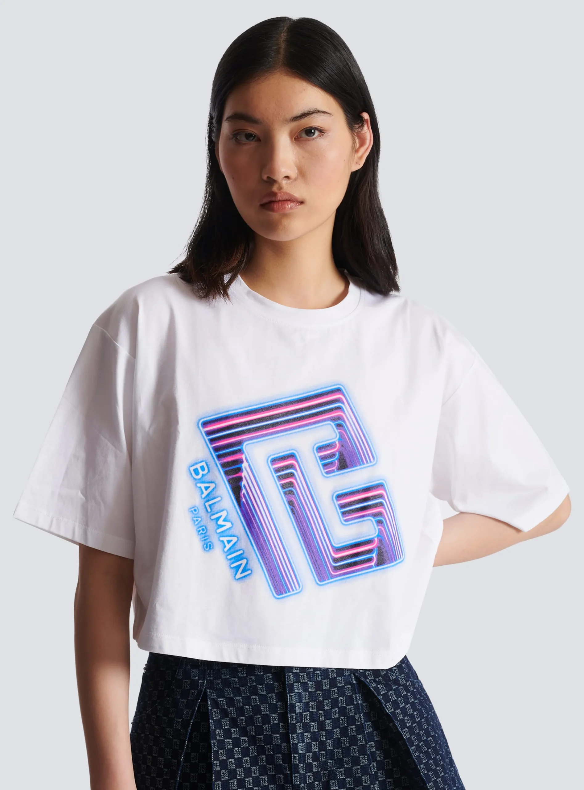 Women Balmain Cropped Neon-print T-shirt