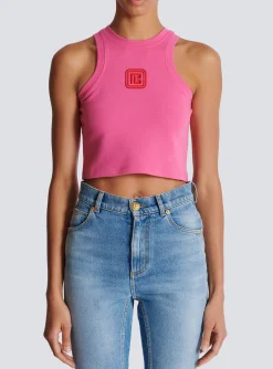 Women Balmain Cropped Tank Top With Retro PB Embroidery