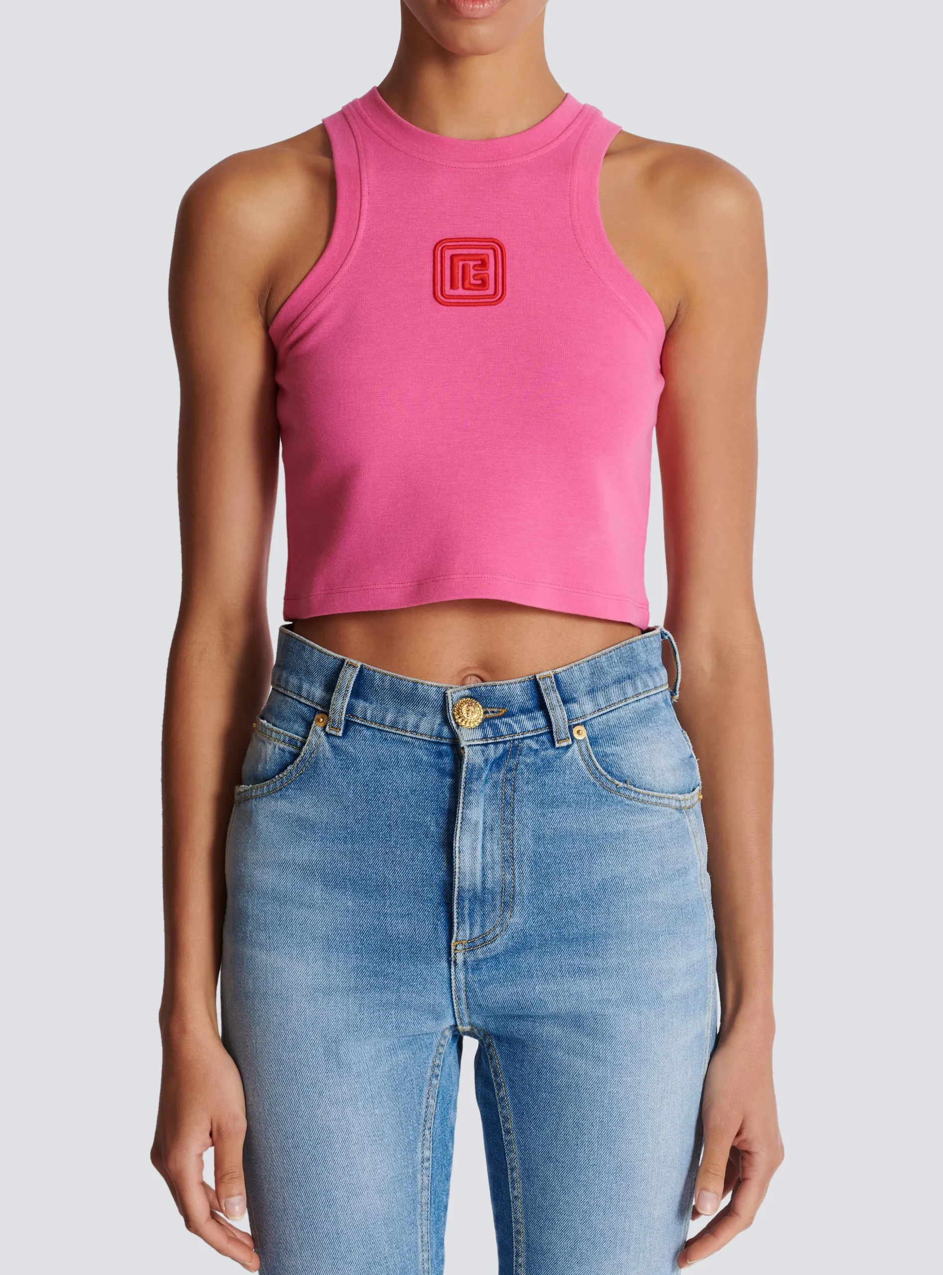 Women Balmain Cropped Tank Top With Retro PB Embroidery