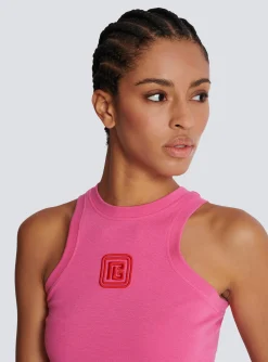 Women Balmain Cropped Tank Top With Retro PB Embroidery