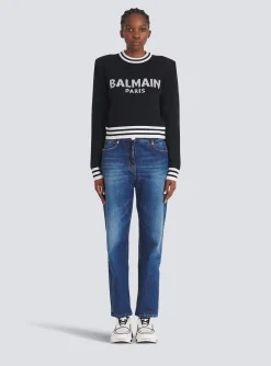 Women Balmain Cropped Wool Sweatshirt With Logo