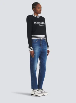 Women Balmain Cropped Wool Sweatshirt With Logo