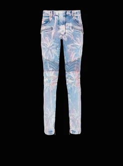 Balmain Denim Biker Jeans With A Palm Tree Print