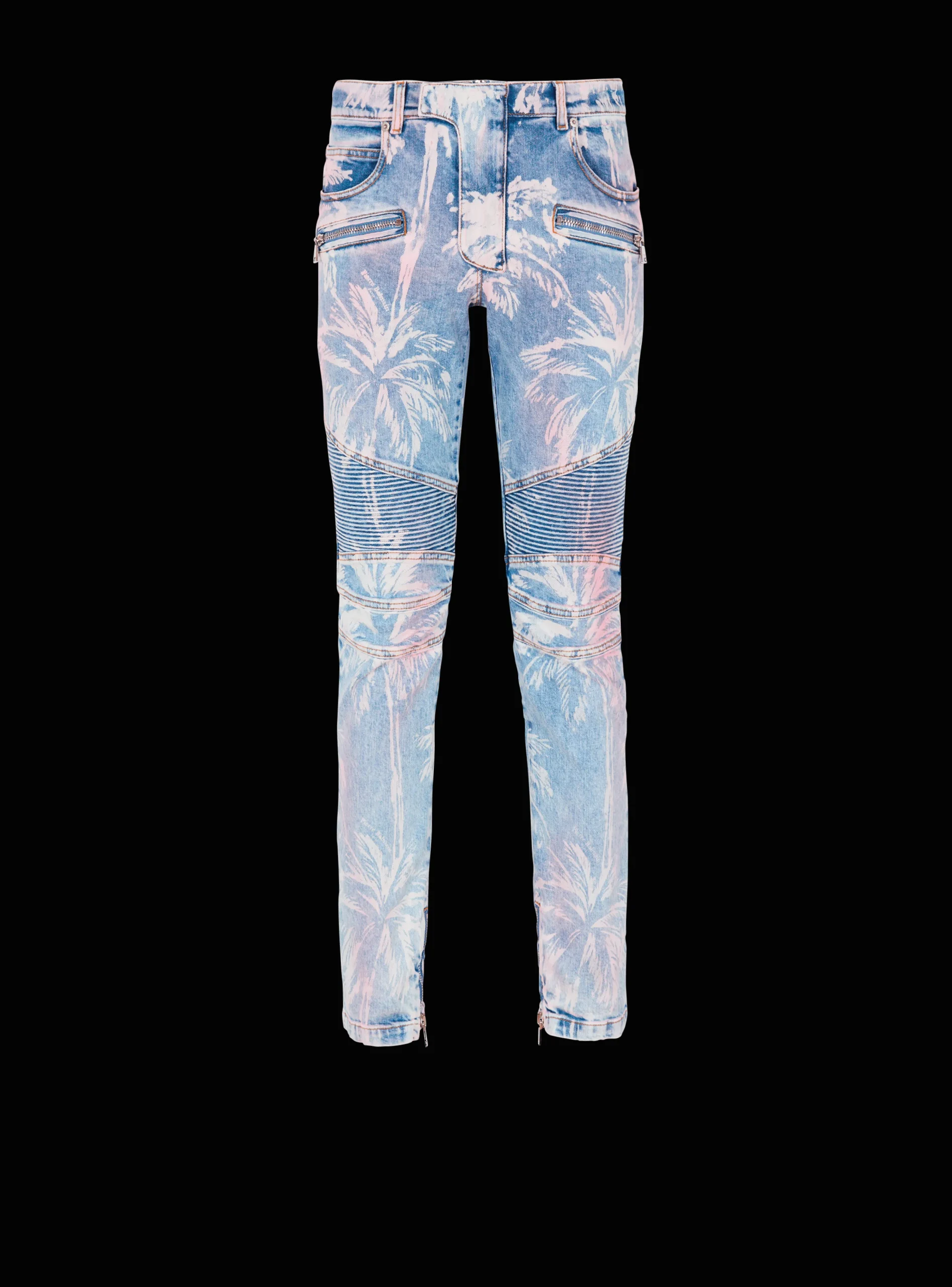 Balmain Denim Biker Jeans With A Palm Tree Print