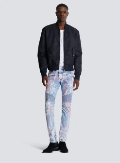 Balmain Denim Biker Jeans With A Palm Tree Print