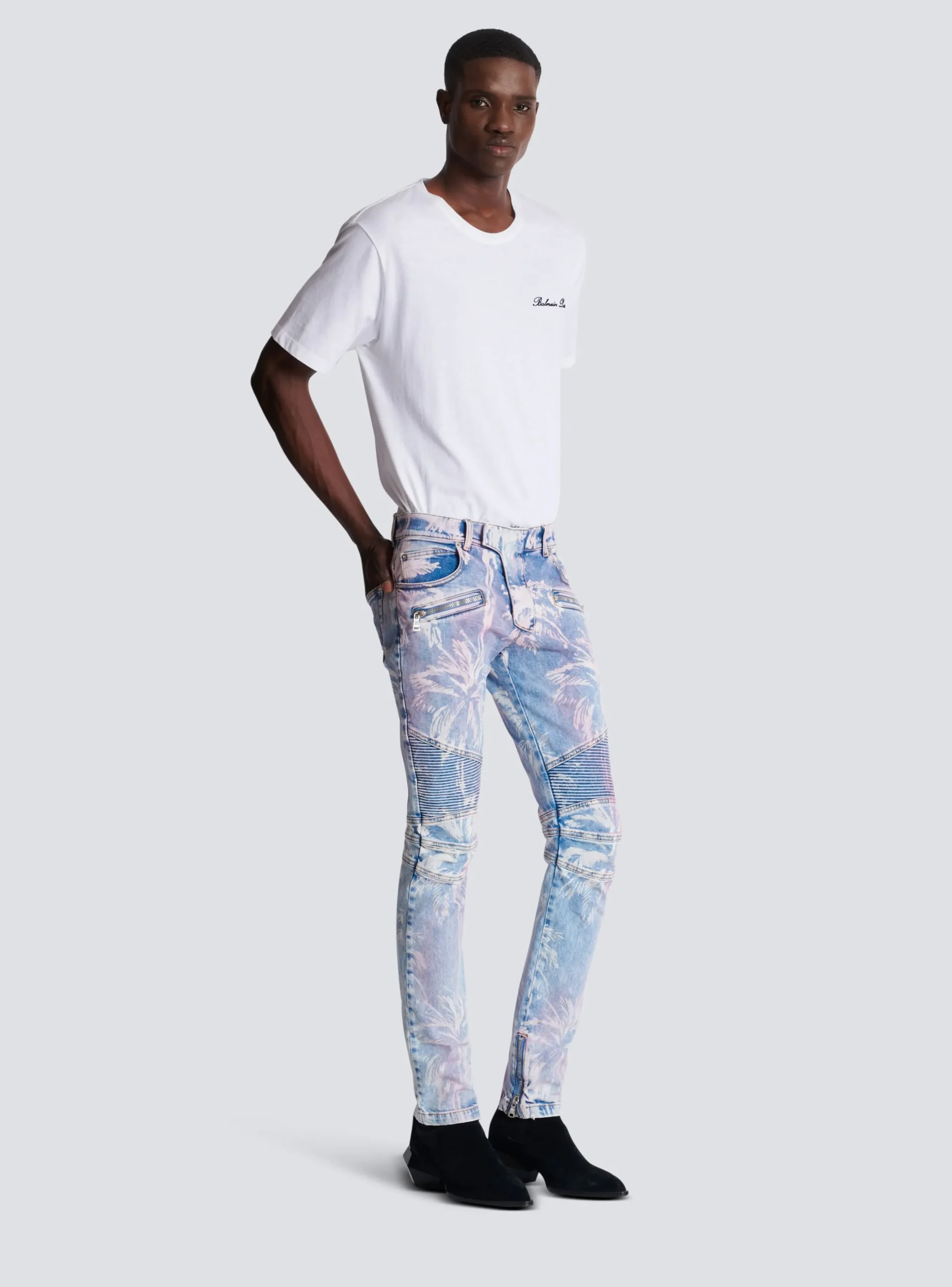 Balmain Denim Biker Jeans With A Palm Tree Print
