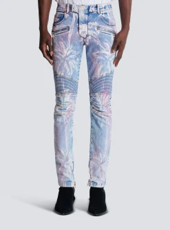Balmain Denim Biker Jeans With A Palm Tree Print