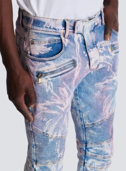 Balmain Denim Biker Jeans With A Palm Tree Print