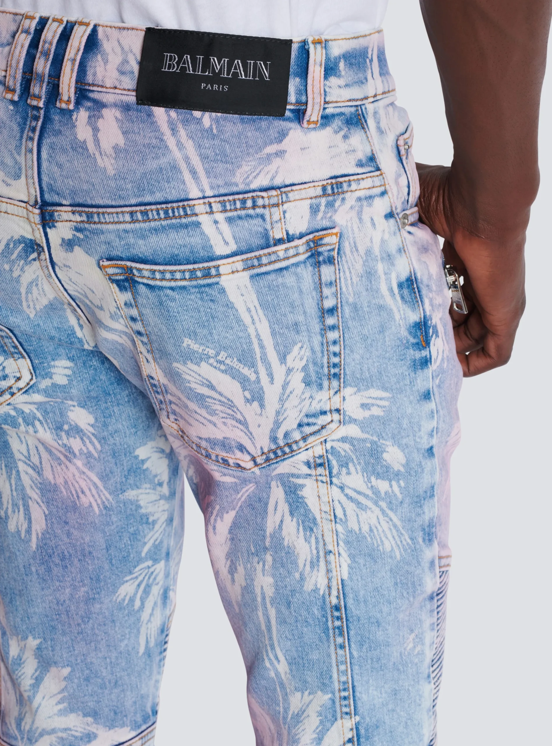 Balmain Denim Biker Jeans With A Palm Tree Print