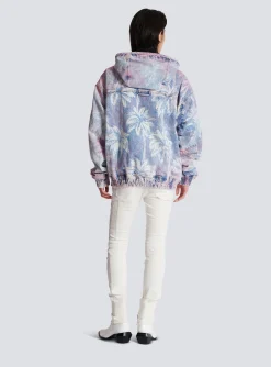 Balmain Denim Hooded Bomber Jacket With Palm Tree Print