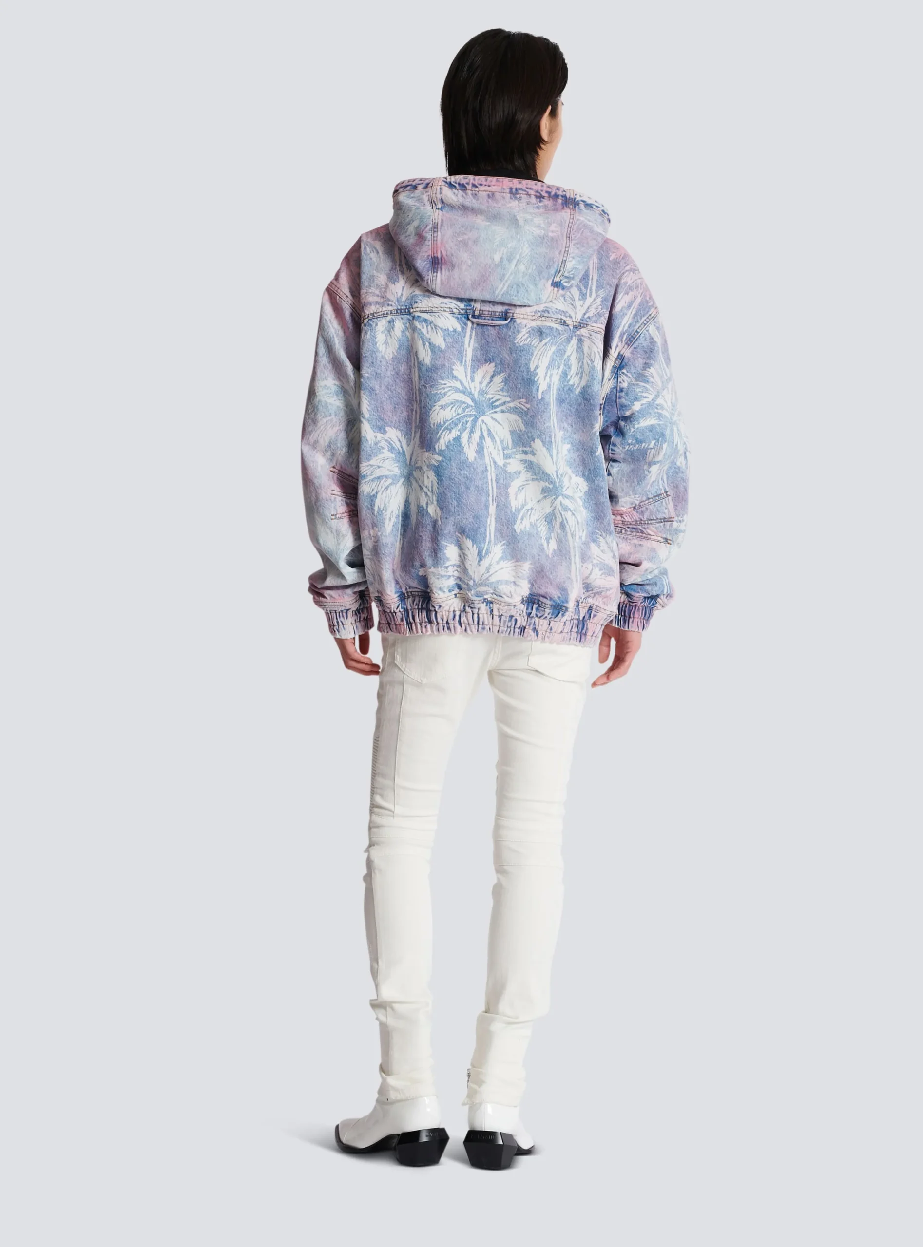 Balmain Denim Hooded Bomber Jacket With Palm Tree Print