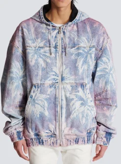 Balmain Denim Hooded Bomber Jacket With Palm Tree Print