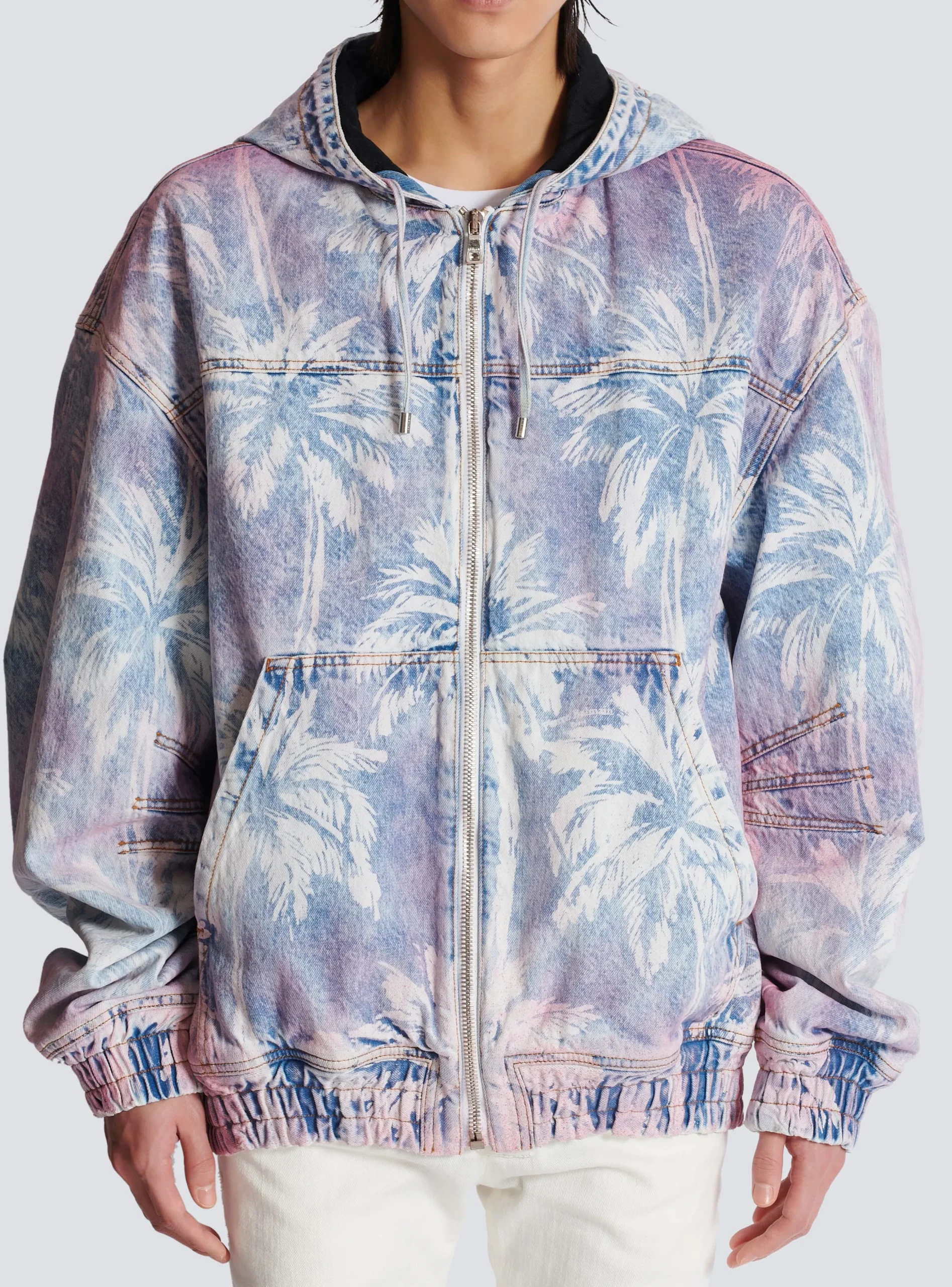 Balmain Denim Hooded Bomber Jacket With Palm Tree Print