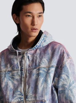 Balmain Denim Hooded Bomber Jacket With Palm Tree Print