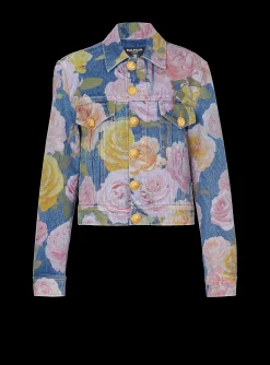 Women Balmain Denim Jacket With Pastel Roses Print