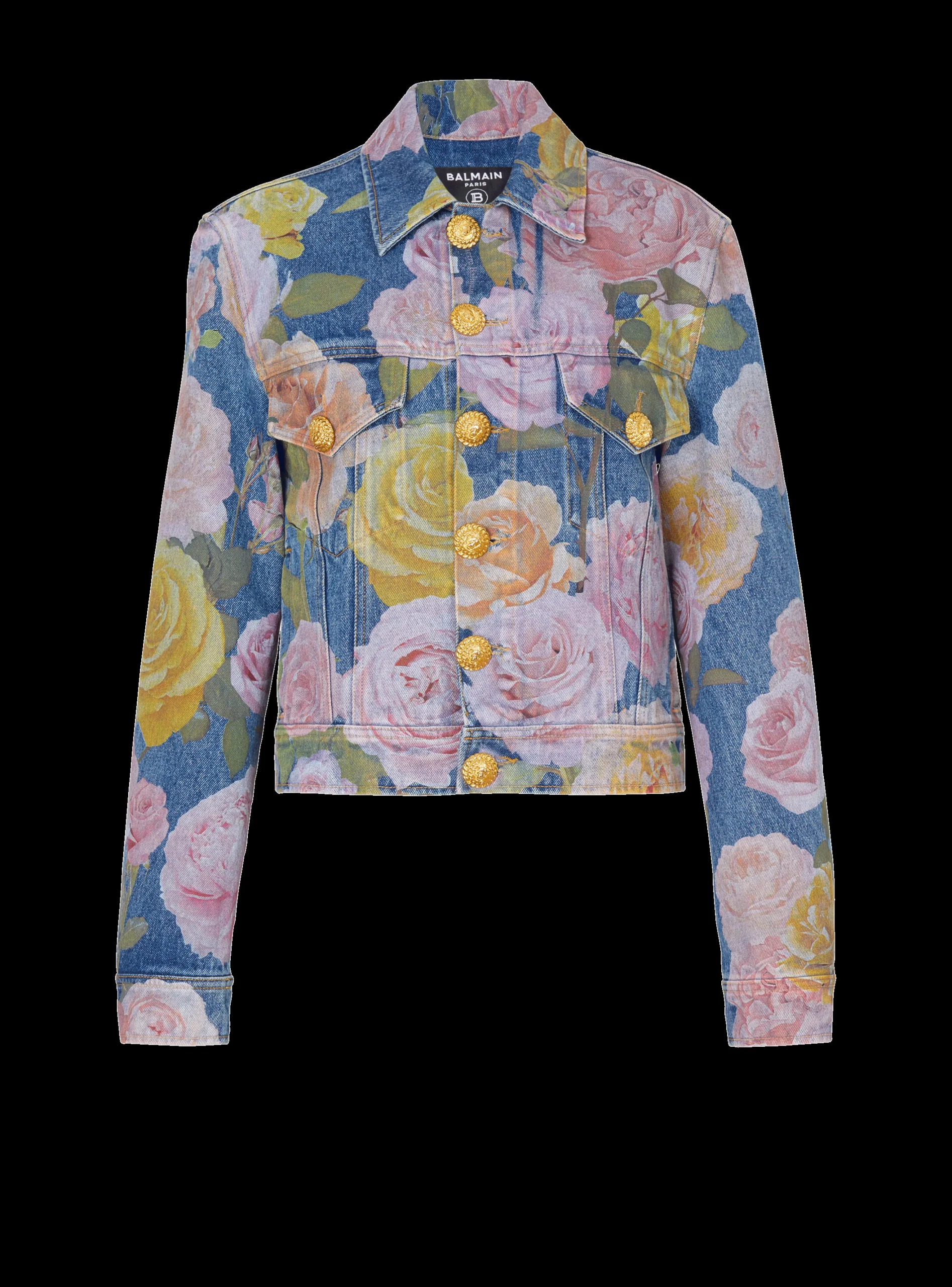 Women Balmain Denim Jacket With Pastel Roses Print
