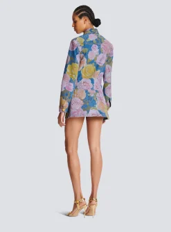 Women Balmain Denim Jacket With Pastel Roses Print