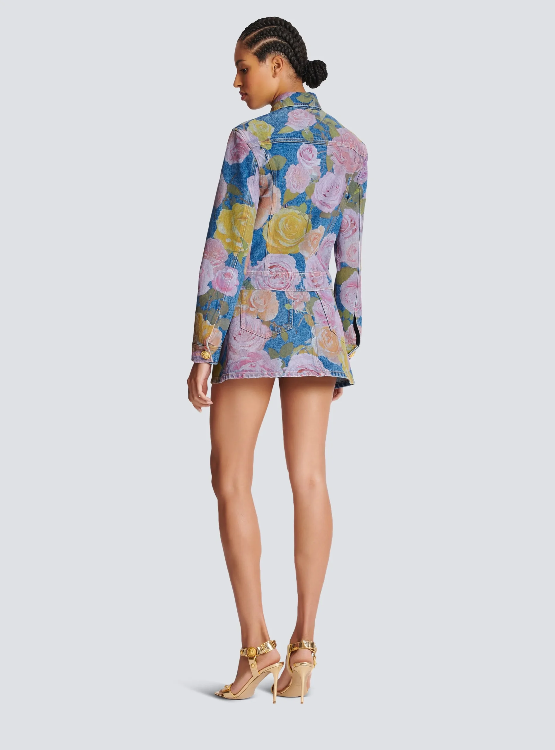 Women Balmain Denim Jacket With Pastel Roses Print