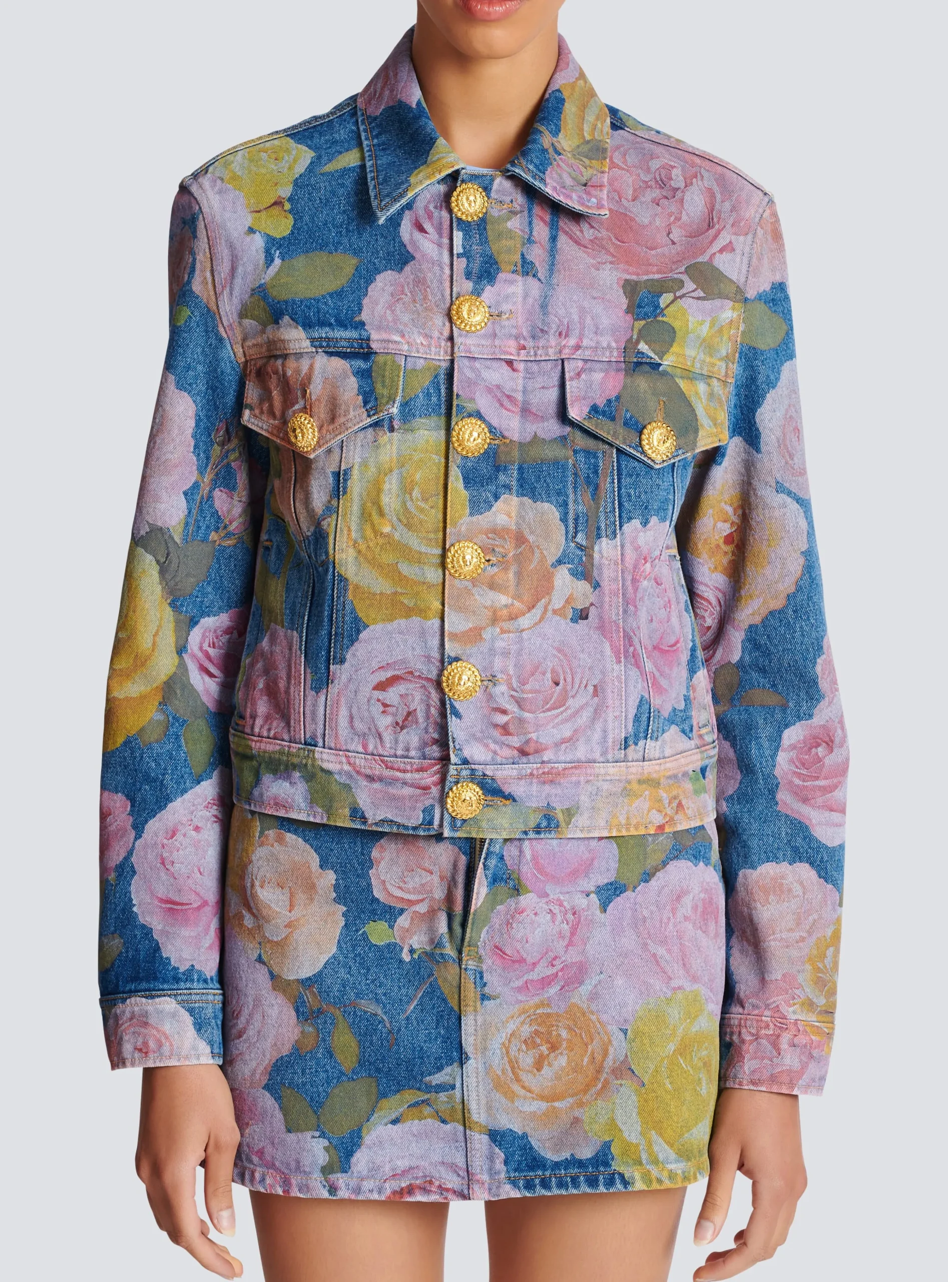 Women Balmain Denim Jacket With Pastel Roses Print
