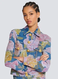 Women Balmain Denim Jacket With Pastel Roses Print