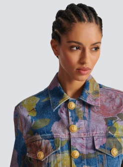 Women Balmain Denim Jacket With Pastel Roses Print