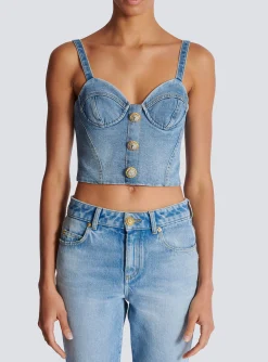 Women Balmain Denim Top With Thin Straps