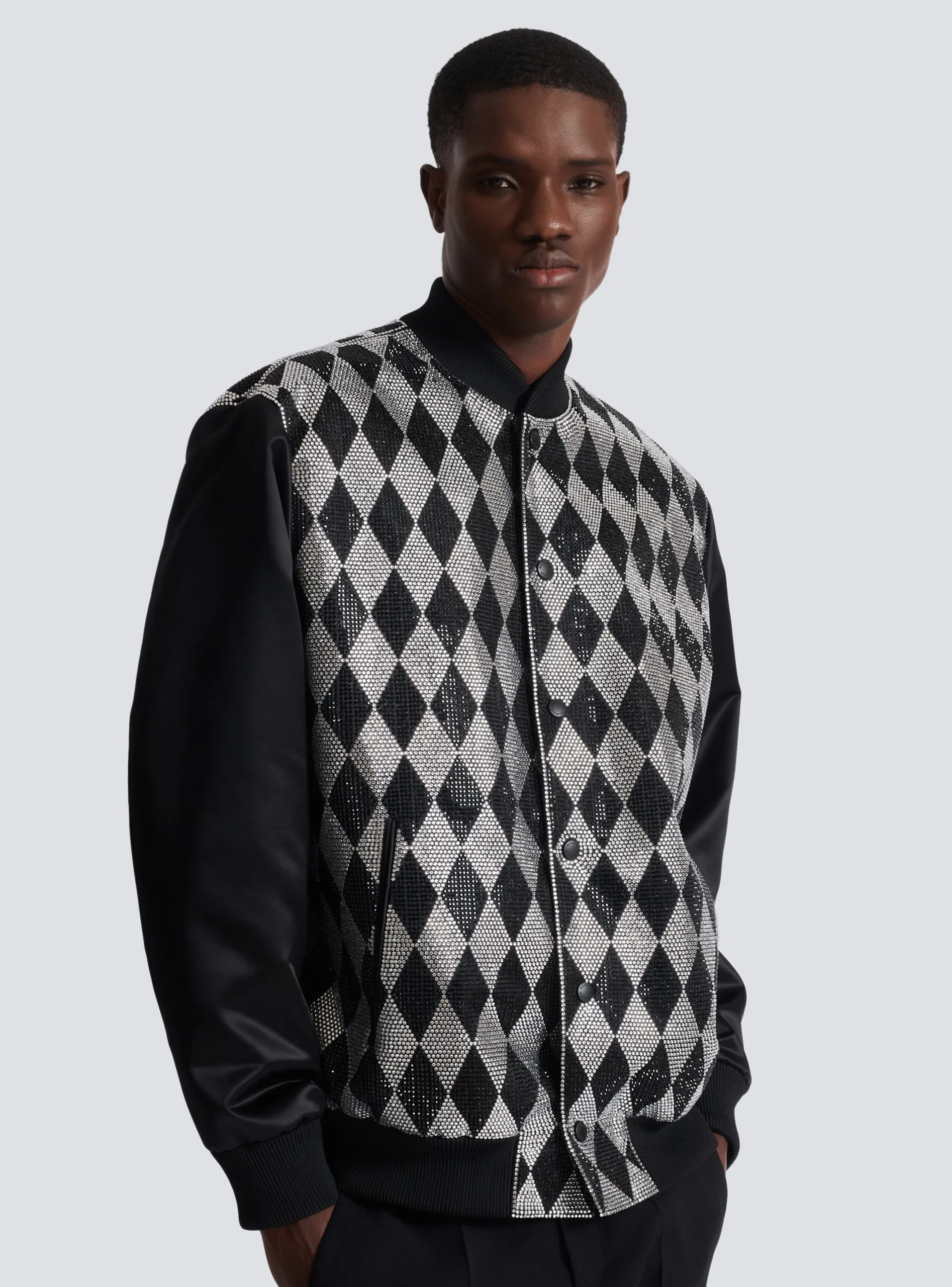Balmain Diamond Satin Bomber Jacket With Rhinestones