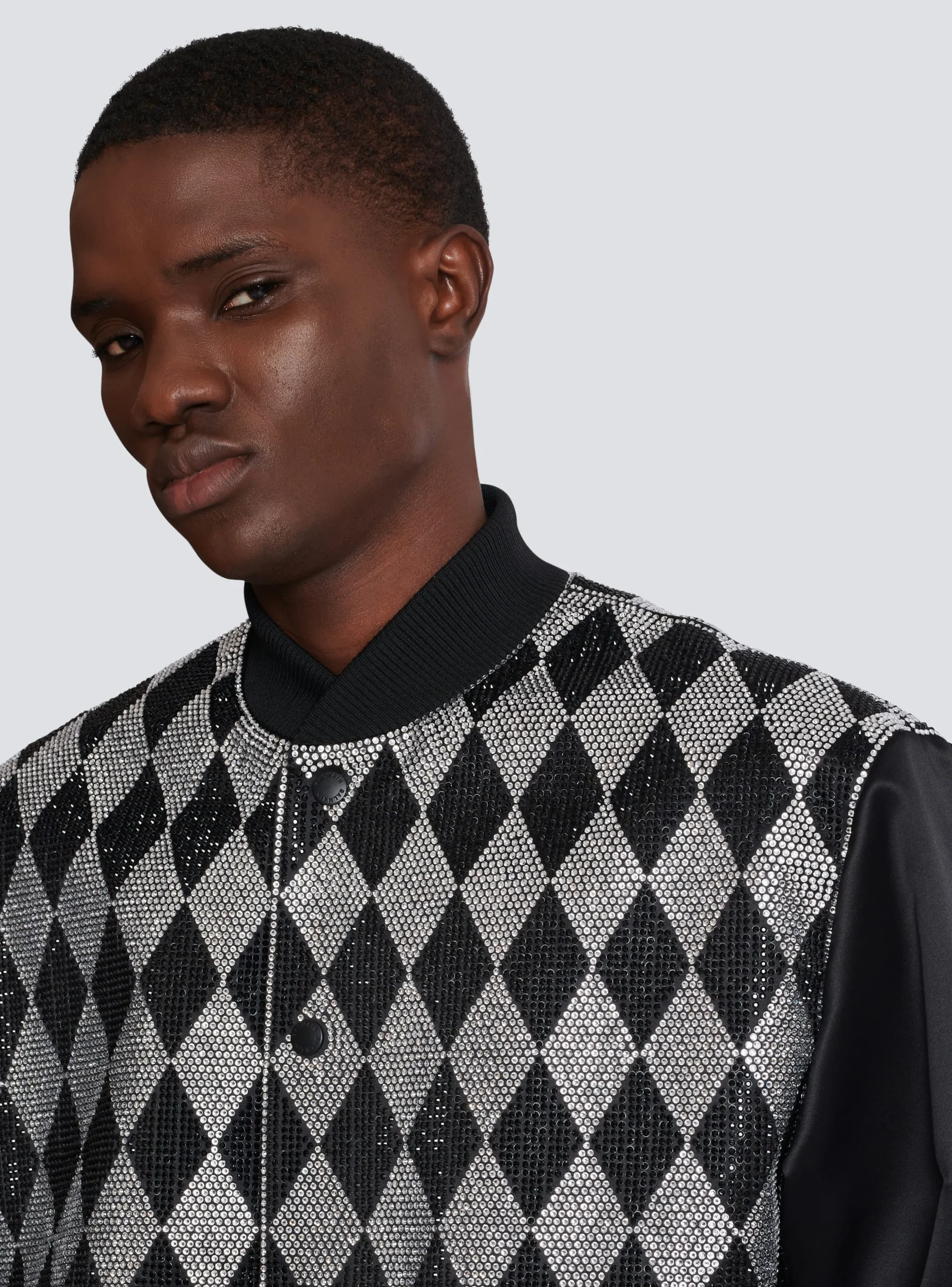 Balmain Diamond Satin Bomber Jacket With Rhinestones