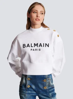 Women Balmain Eco-responsible Cotton Cropped Sweatshirt With Logo Print