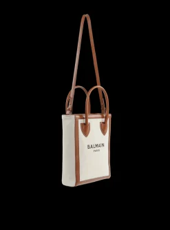 Women Balmain Ecru Canvas B-Army 26 Bag With Brown Leather Panels