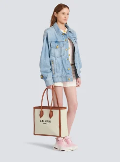 Women Balmain Ecru Canvas B-Army 42 Tote Bag With Brown Leather Panels