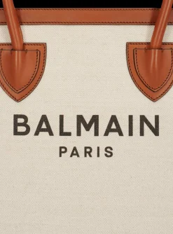 Women Balmain Ecru Canvas B-Army 42 Tote Bag With Brown Leather Panels
