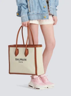 Women Balmain Ecru Canvas B-Army 42 Tote Bag With Brown Leather Panels