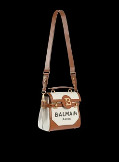 Women Balmain Ecru Canvas B-Buzz 23 Bag With Brown Leather Panels