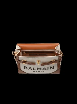 Women Balmain Ecru Canvas B-Buzz 23 Bag With Brown Leather Panels