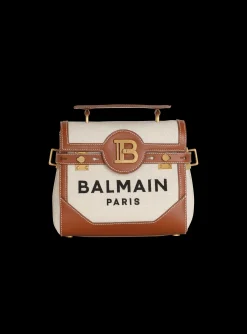 Women Balmain Ecru Canvas B-Buzz 23 Bag With Leather Panels