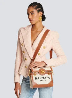 Women Balmain Ecru Canvas B-Buzz 23 Bag With Leather Panels