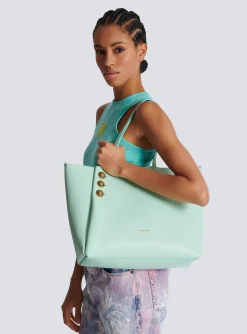 Women Balmain Embl&egrave;me Grained Calfskin Tote Bag