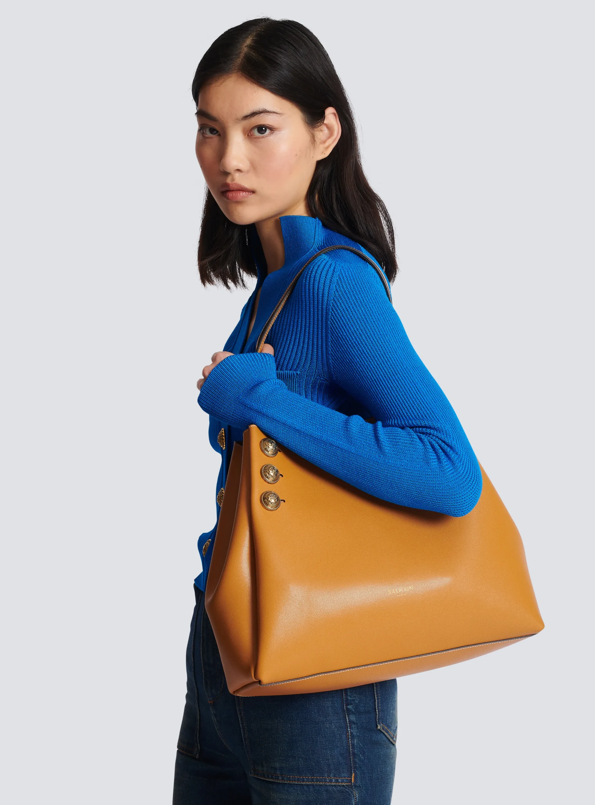 Women Balmain Emblème Grained Leather Tote Bag