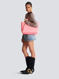Women Balmain Embl&egrave;me Grained Leather Tote Bag