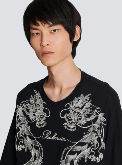 Balmain Embroidered Dragon T-shirt With Rhinestones