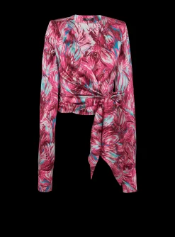 Women Balmain Feather Print Satin Wrap Blouse