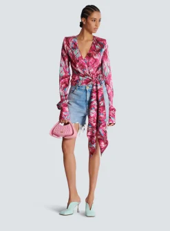 Women Balmain Feather Print Satin Wrap Blouse