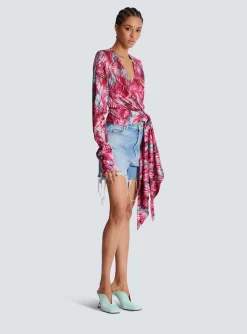 Women Balmain Feather Print Satin Wrap Blouse