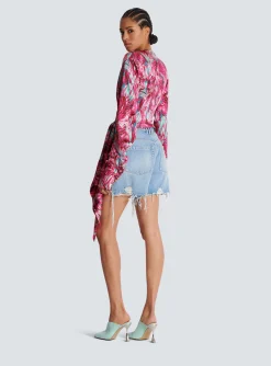 Women Balmain Feather Print Satin Wrap Blouse