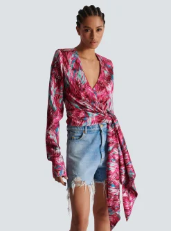Women Balmain Feather Print Satin Wrap Blouse