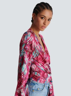 Women Balmain Feather Print Satin Wrap Blouse