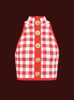 Women Balmain Fine Gingham Knit Tank Top
