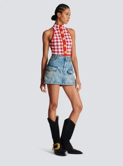 Women Balmain Fine Gingham Knit Tank Top