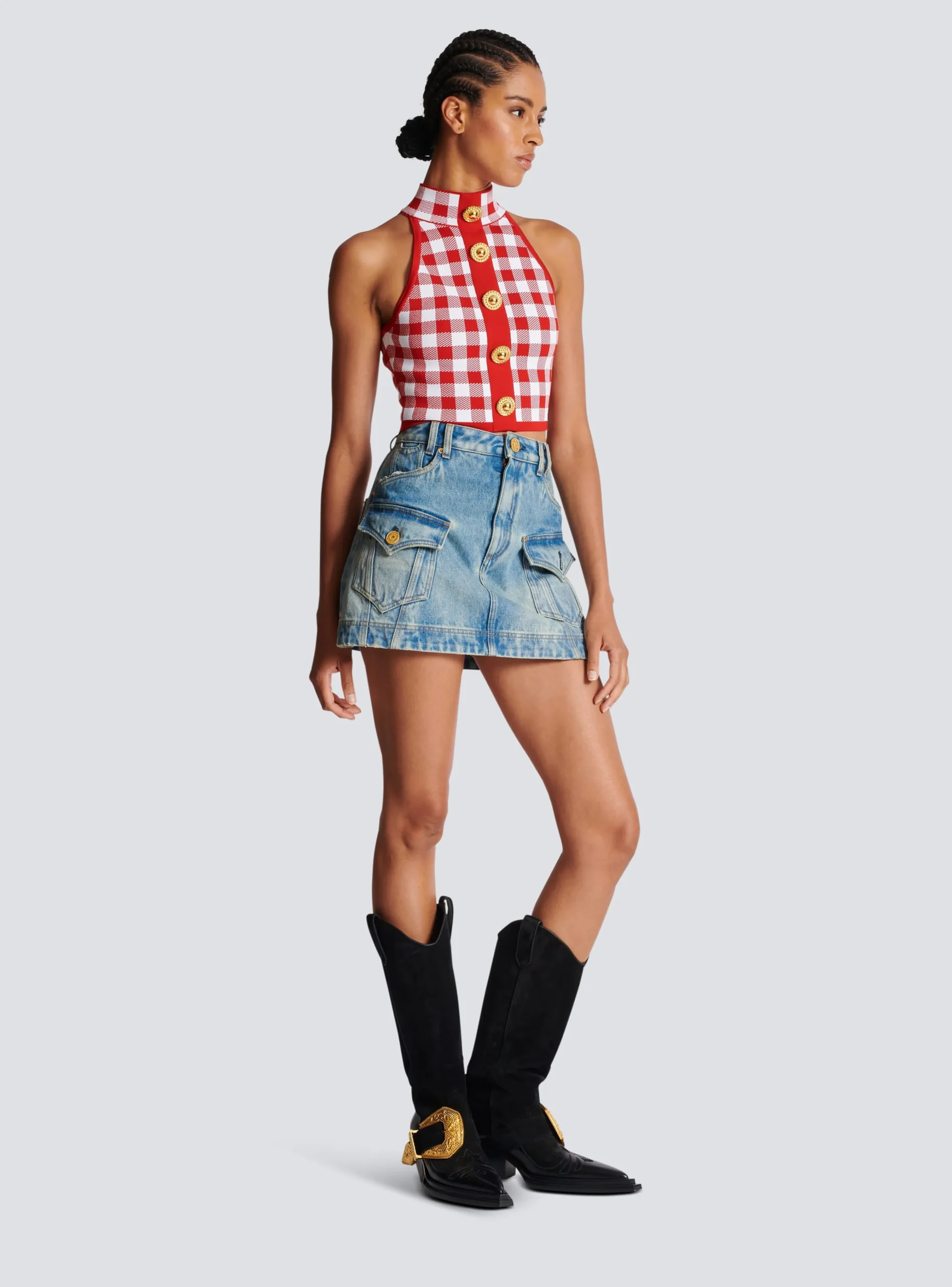 Women Balmain Fine Gingham Knit Tank Top